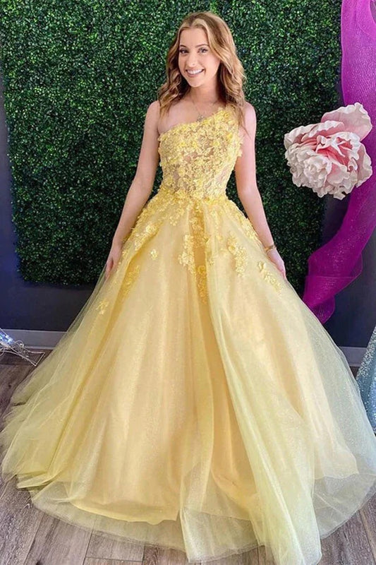 Lace Yellow Tulle One Shoulder A-line Prom Dresses, Evening Dresses