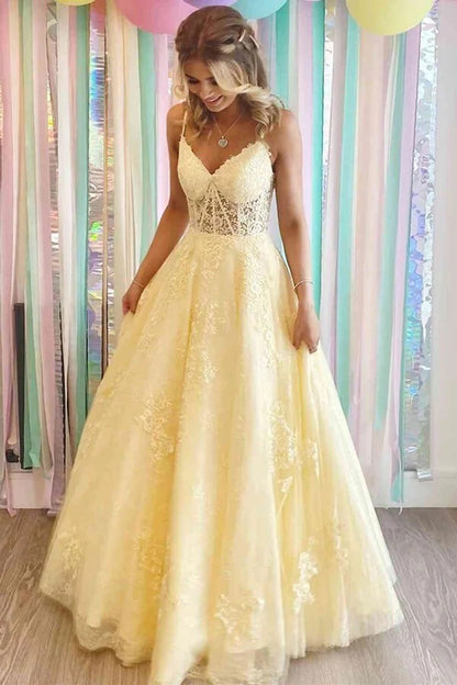 Yellow Tulle A-line V-neck Lace Appliques Prom Dresses, Long Formal Dresses,BD930716