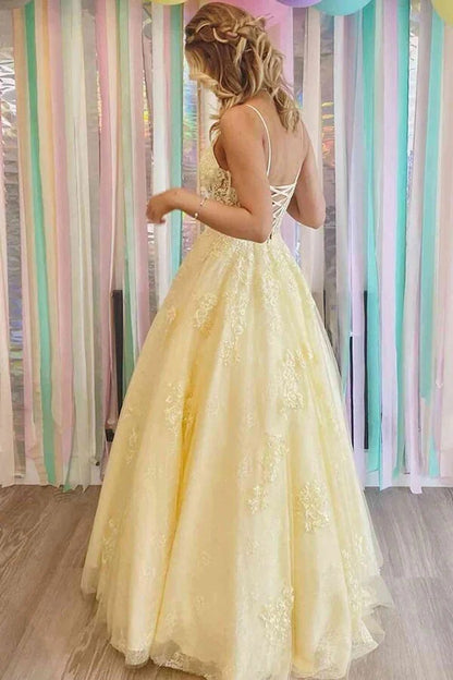 Yellow Tulle A-line V-neck Lace Appliques Prom Dresses, Long Formal Dresses,BD930716