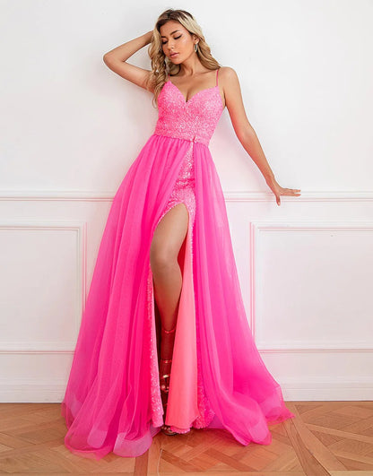 Detachable Pink Sequin Prom Dresses with Split Front