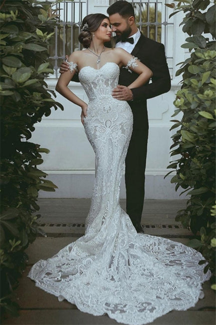 Mermaid Lace Wedding Dress | Sexy Court Train Sweetheart Bridal Gowns with Sleeve Decorations