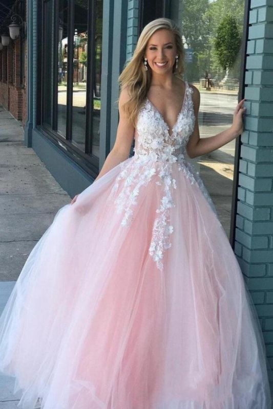 Sexy Deep-V-Neck Tulle Lace Prom Dresses On Sale