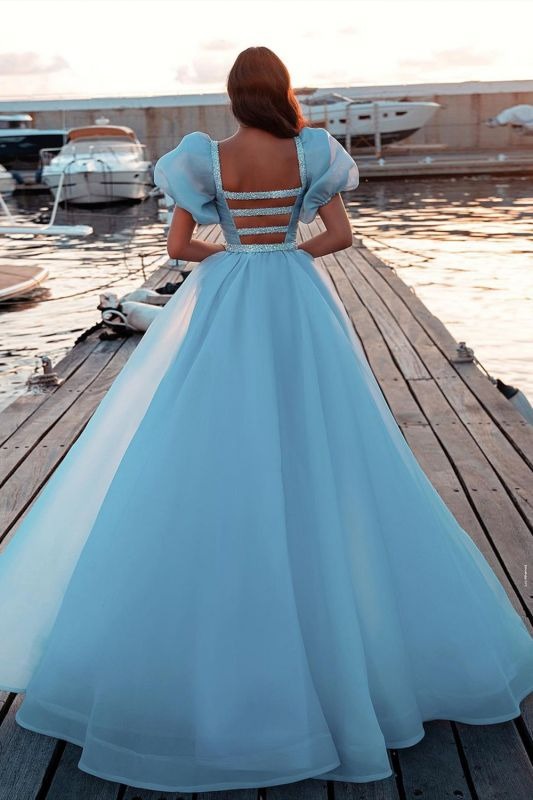 Mermaid Tulle Lake Blue Sequins Prom Dresses With Detachable Skirt