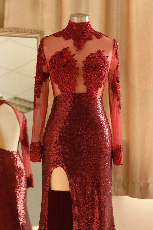 Sexy High-Neck Burgundy Sequined Slit Prom Dress | Long Sleeves Appliques Backless Formal Dress