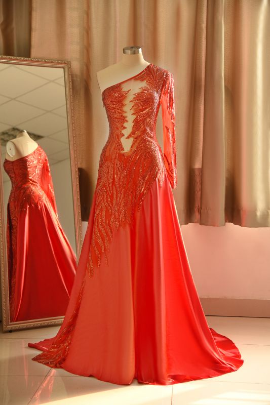 One-Shoulder Red Sequined Prom Dress | One-Sleeve Sexy Party Dress