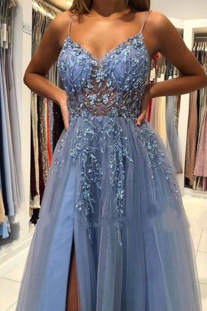 Appliques Breath-taking Sleeveless Tulle Ocean Blue Split Prom Dresses