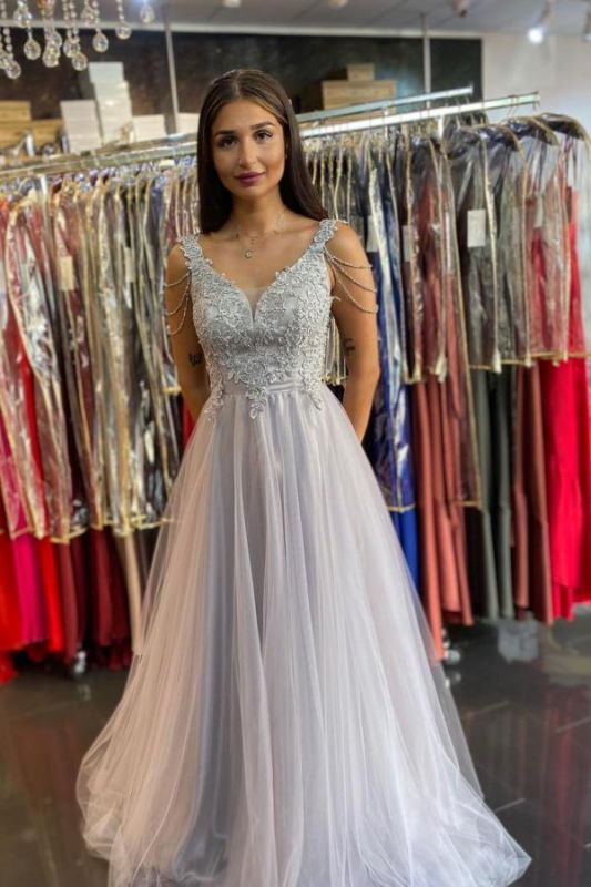 Women Sleeveless Silver Lace A-Line Long Prom Dresses