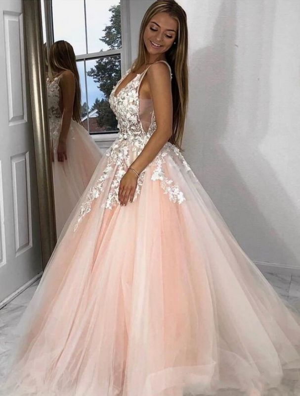 Sexy Deep-V-Neck Tulle Lace Prom Dresses On Sale