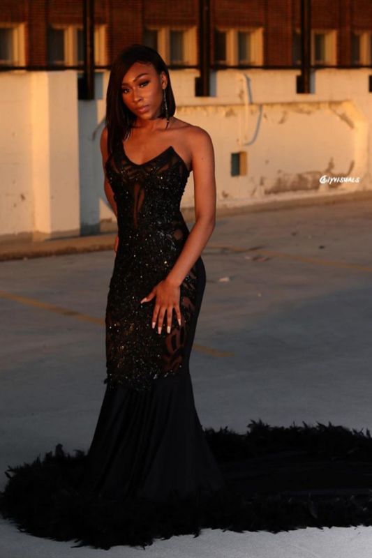 Chic Long Black Mermaid Prom Dresses|Sleeveless Fur Evening Gowns