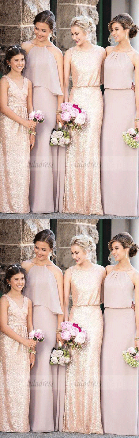 Mismatched Dark Gold Sequin Long Bridesmaid Dresses, Affordable Unique Custom Long Bridesmaid Dresses