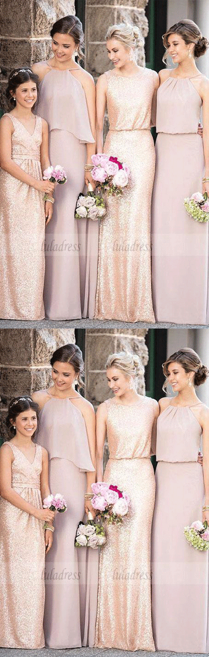 Mismatched Dark Gold Sequin Long Bridesmaid Dresses, Affordable Unique Custom Long Bridesmaid Dresses