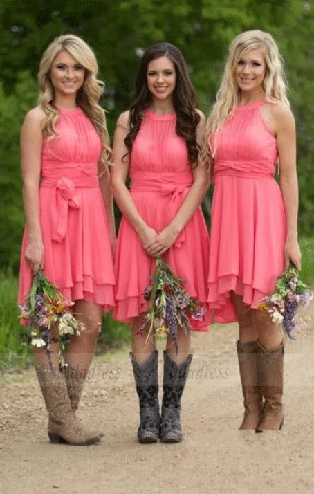 Beach Bridesmaid Dresses,High Low Modest Chiffon Long Wedding Guest Gowns