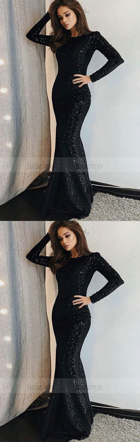 Unique Prom Dress Long Sleeve Evening Dress Black Prom Gowns Sequined Evening Dresses,BD98048