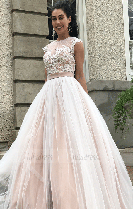 Applique Cap Sleeve Evening Dresses,Prom Dresses,Appliques Lace Long Dress