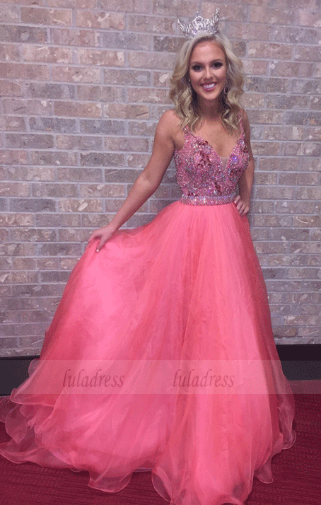 deep v neck Beading Prom Dress,long prom dress,Fashion Prom Dresses