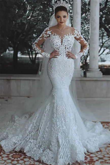 Luxury Beaded Lace Mermaid Wedding Dresses with Sleeves | Sheer Tulle Appliques Bride Dresses