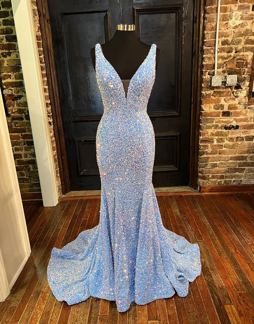 Long Light Blue Sequin Mermaid Prom Dresses