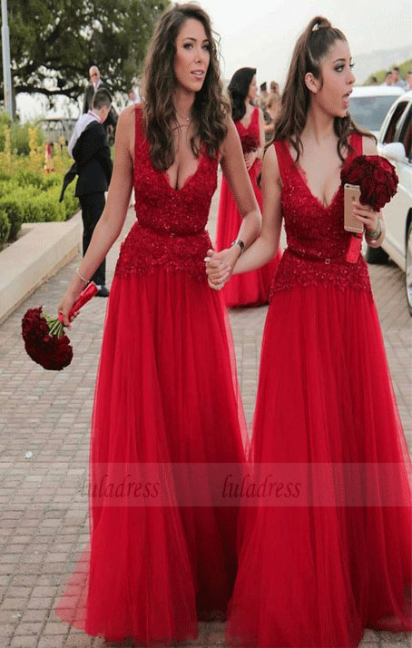 Long Bridesmaid Dresses A-line V neck Wedding Party Gowns with Appliques for Women