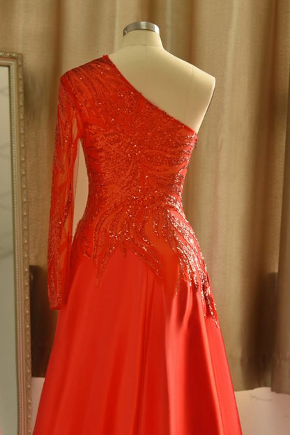 One-Shoulder Red Sequined Prom Dress | One-Sleeve Sexy Party Dress