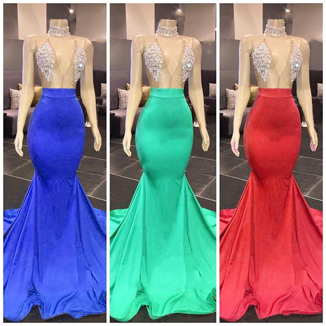 Sexy Yellow Halter Backless Prom Dresses Long Mermaid With Crystals