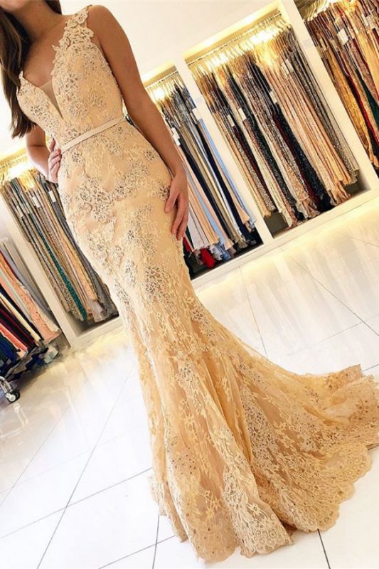 Elegant Mermaid Sleeveless Lace Prom Dresses Online