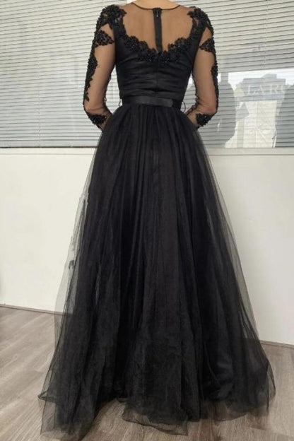 Sexy Black Lace  Sleeves Prom Dress Long Evening Gowns