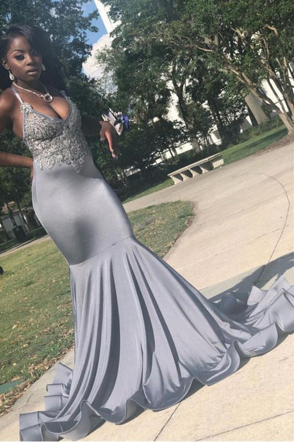 Women Satin Silver Halter Evening Sheath Dresses Sleeveless Mermaid Prom Dresses