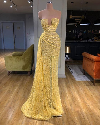 yellow evening dresses long high neck sparkly feather luxury bling