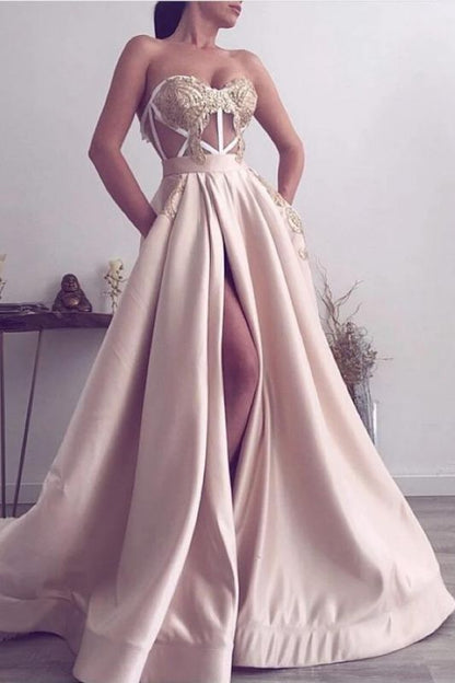 Sexy Strapless Satin Lace Slit Prom Dresses On Sale