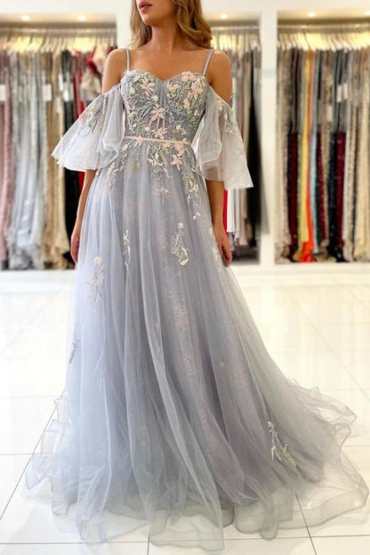 Vintage Long Tulle Evening Prom Dress Online With Appliques