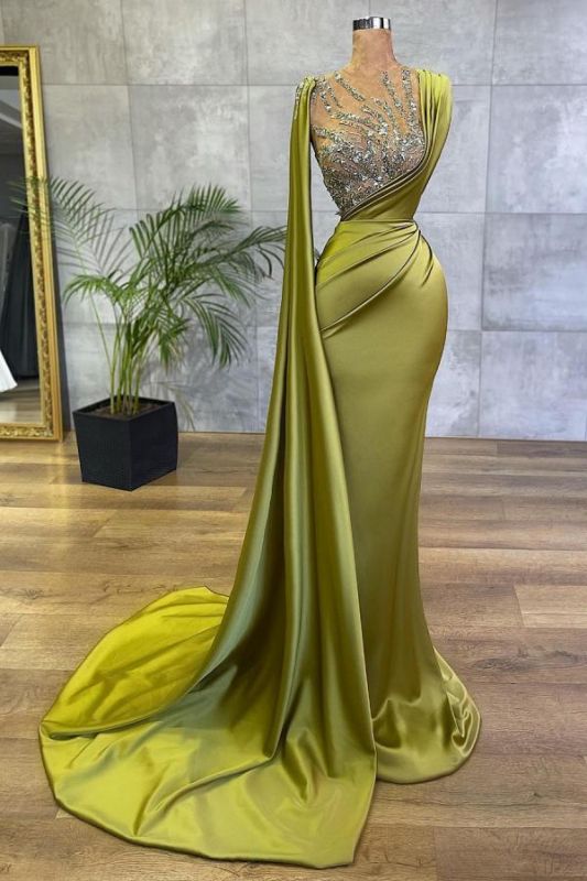 Vintage Jewel Satin Emerald Crystal Mermaid Prom Dresses Long