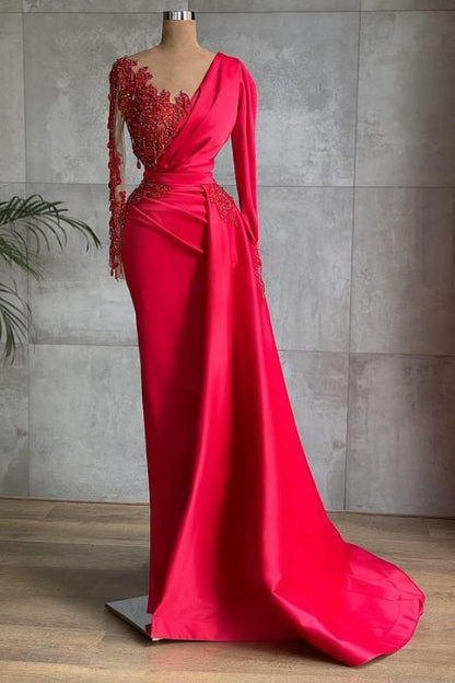 Mermaid Chic Satin  Ruby Lace Appliques Ruffles Long Sleeves Prom Dresses