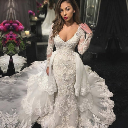 V-neck Beads Appliques Wedding Dresses with Sleeves | Mermaid Overskirt Sexy Bride Dresses,WD21003