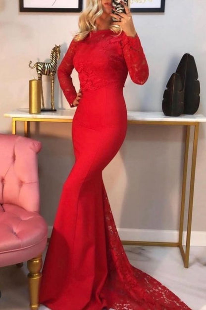 Elegant Mermaid Long Sleeves Red Prom Dress with Lace Online