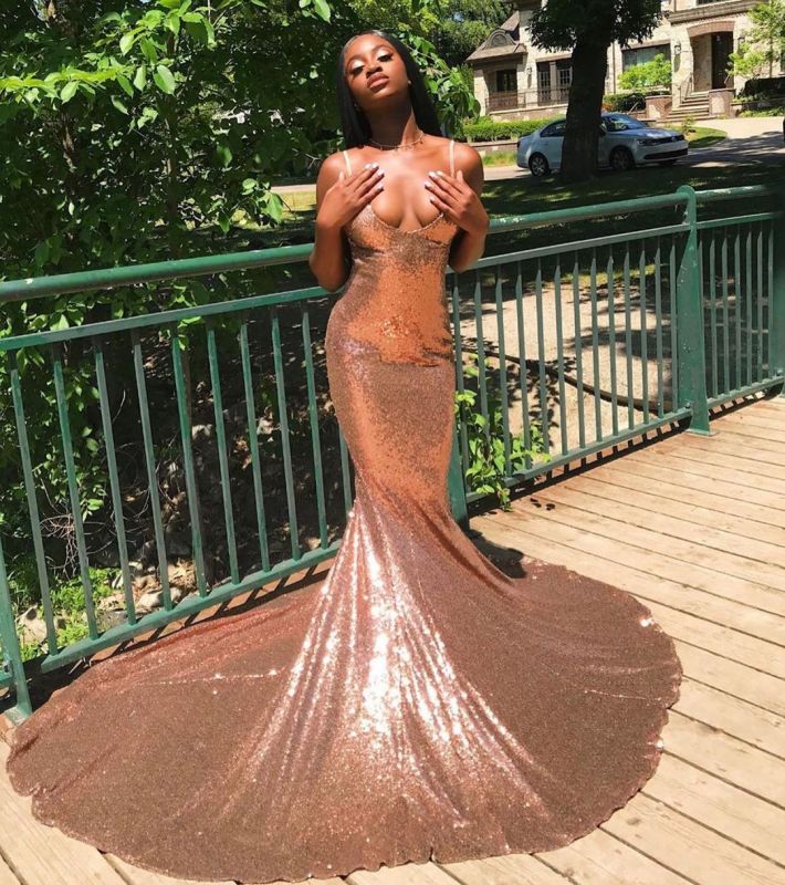 Glittery Sleeveless V Neck Nude Pink Sequins Mermaid Prom Dresses