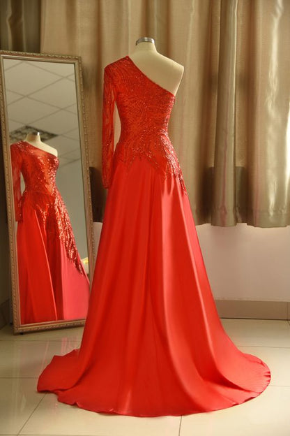 One-Shoulder Red Sequined Prom Dress | One-Sleeve Sexy Party Dress