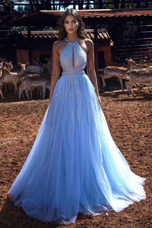 Breath-taking Halter Lake Blue Tulle Sequins A-Line Prom Dresses