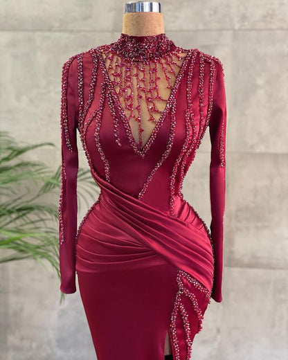 Burgundy Elegant Long Sleeve Prom Dress Mermaid Beadings Evening Gowns