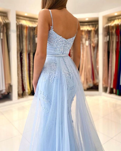 Glamorous Spaghetti-Straps Lace Mermaid Long Evening Prom Dress Sky Blue