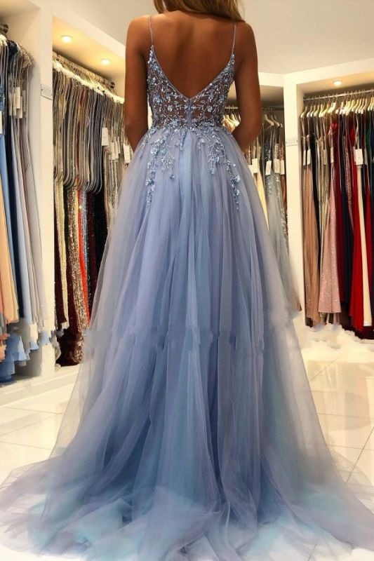 Appliques Breath-taking Sleeveless Tulle Ocean Blue Split Prom Dresses