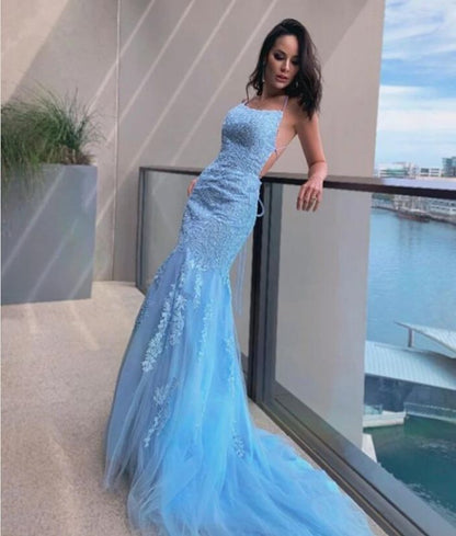 Long Sky Blue Lace Appliques Tulle Mermaid Prom Dress