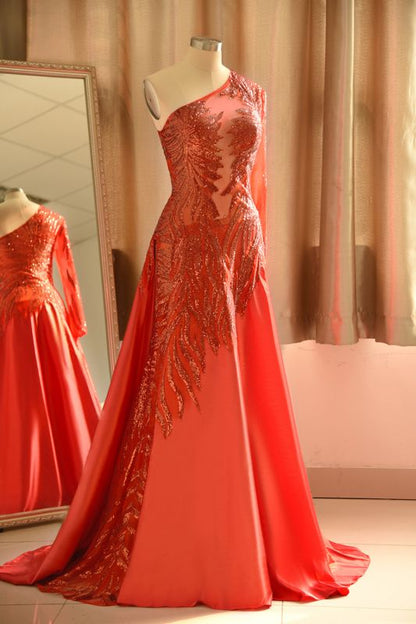 One-Shoulder Red Sequined Prom Dress | One-Sleeve Sexy Party Dress