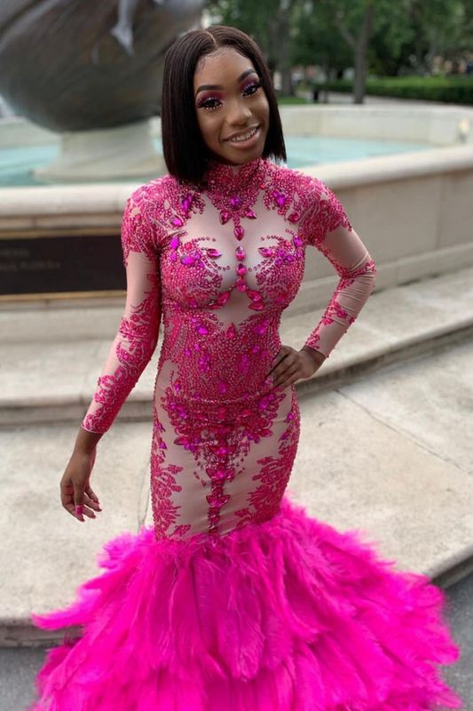 Stunning Fuchsia Mermaid Evening Gowns Long Sleeves High Neck Prom Dre luladress