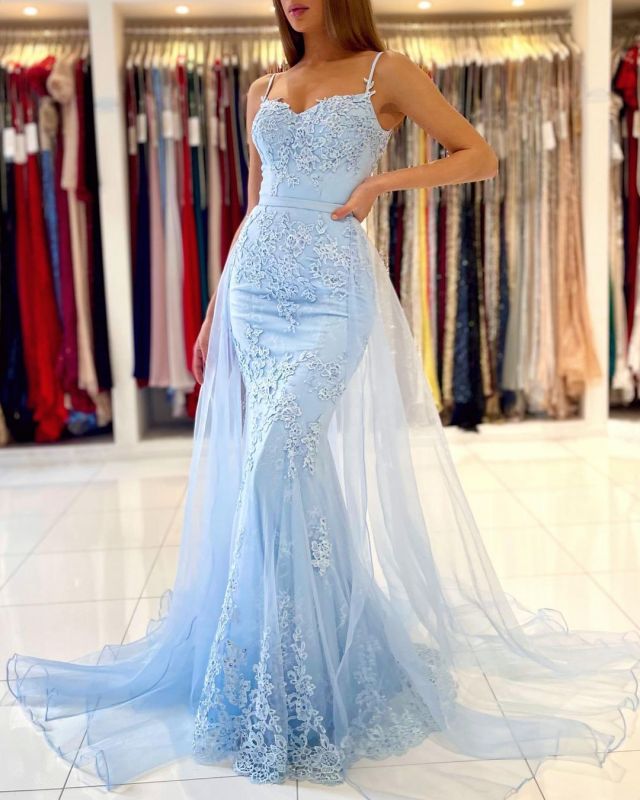 Glamorous Spaghetti-Straps Lace Mermaid Long Evening Prom Dress Sky Blue