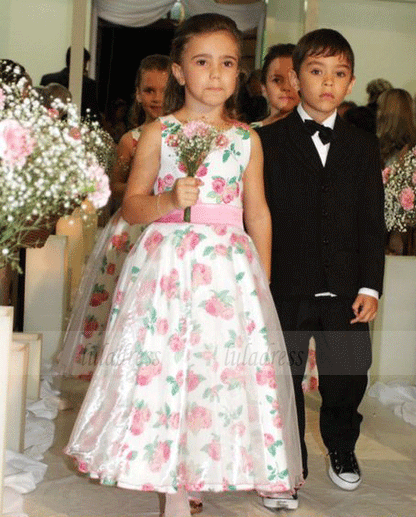 Jewel Ankle-Length Flower Girl Dress - Printed Satin with Sash,BW97184