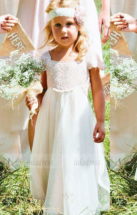 A-Line Square Cap Sleeves Long White Tulle Flower Girl Dress with Lace