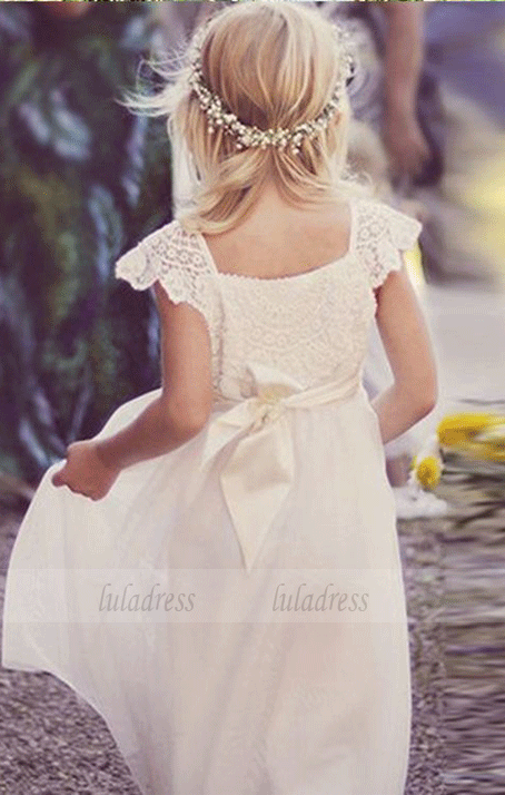 A-Line Square Cap Sleeves Long White Tulle Flower Girl Dress with Lace