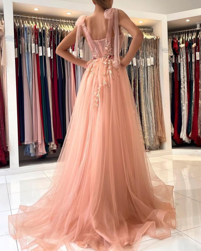 Princess Tulle Coral Pink Split Appliques Lace A-Line Prom Dresses