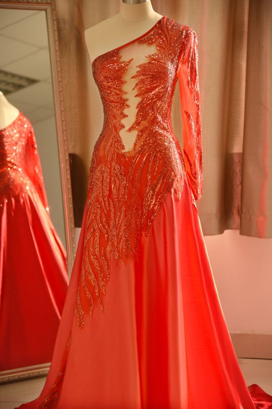 One-Shoulder Red Sequined Prom Dress | One-Sleeve Sexy Party Dress