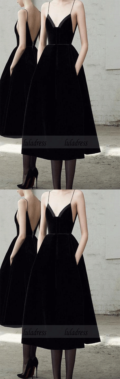 Spaghetti Straps Tea Length Black Backless Prom Dress Homecoming Dresses,BD98245